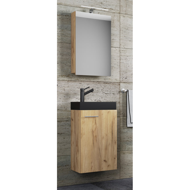 LineaViva di Ezooza Mobile Sospeso con lavabo in ceramica di alta qualità e mobile specchio, Rovere miele , lavabo Nero