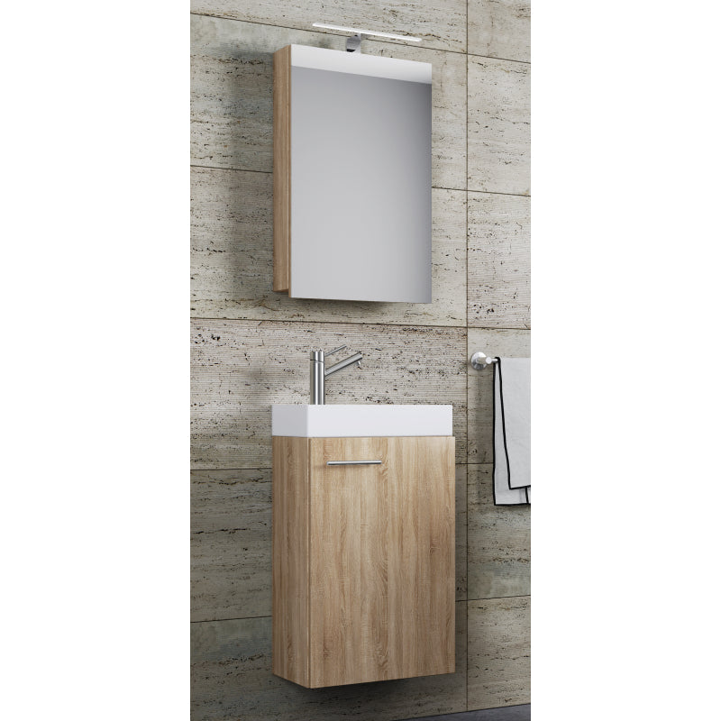 LineaViva Mobile Sospeso con Lavabo Bianco in ceramica di alta qualità e mobile specchio con luce a led, Rovere Sonoma