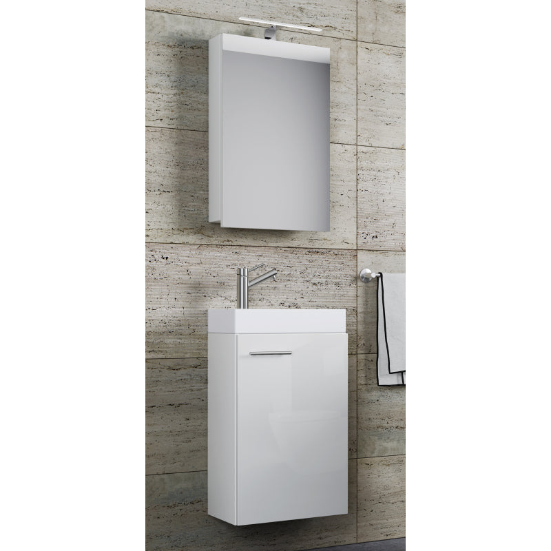 LineaViva Mobile Sospeso con lavabo in ceramica di alta qualità e mobile specchio con luce a led, Bianco , lavabo Bianco