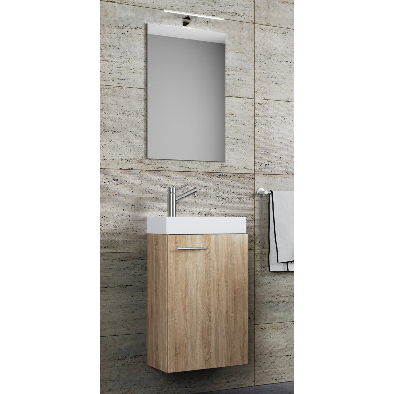 LineaViva Mobile Sospeso con lavabo in ceramica di alta qualità e specchio con luce a led, Rovere Sonoma , lavabo Bianco