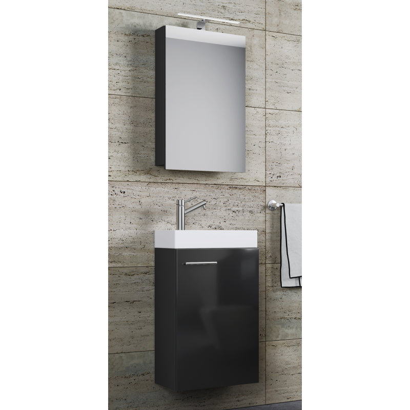 LineaViva di Ezooza Mobile Sospeso con lavabo in ceramica di alta qualità e mobile specchio con luce a led, Nero , lavabo Bianco