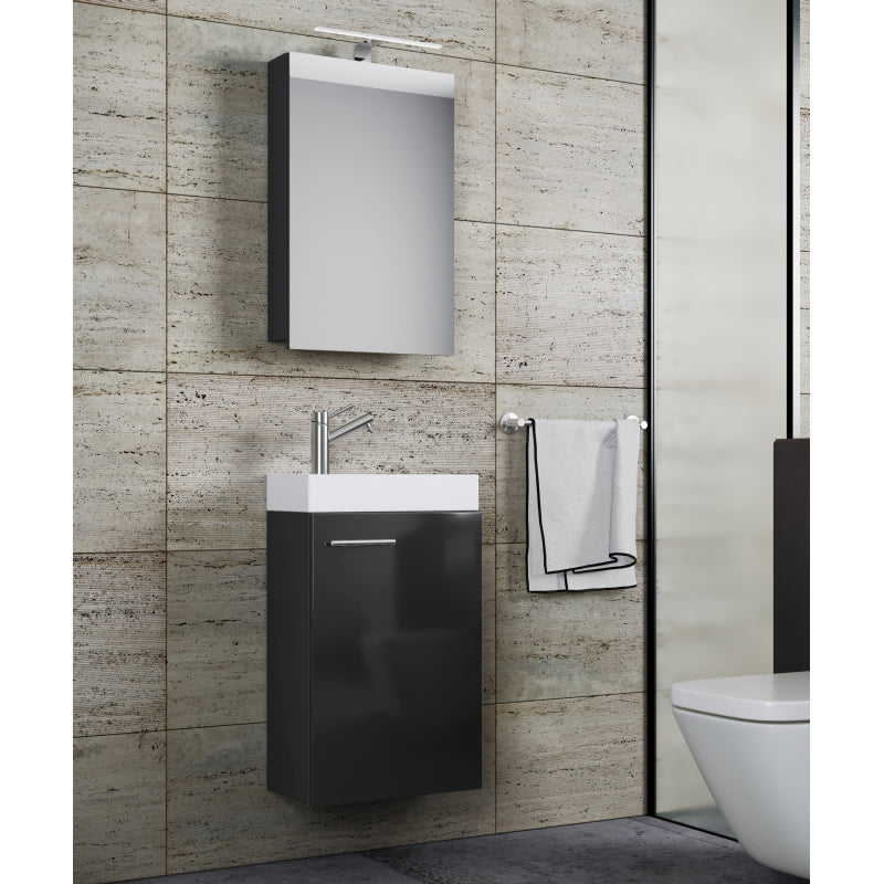 LineaViva di Ezooza Mobile Sospeso con lavabo in ceramica di alta qualità e mobile specchio con luce a led, Nero , lavabo Bianco