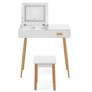 IDMarket - LISA Mobiletto scandinavo bianco con specchio LED pieghevole e sgabello