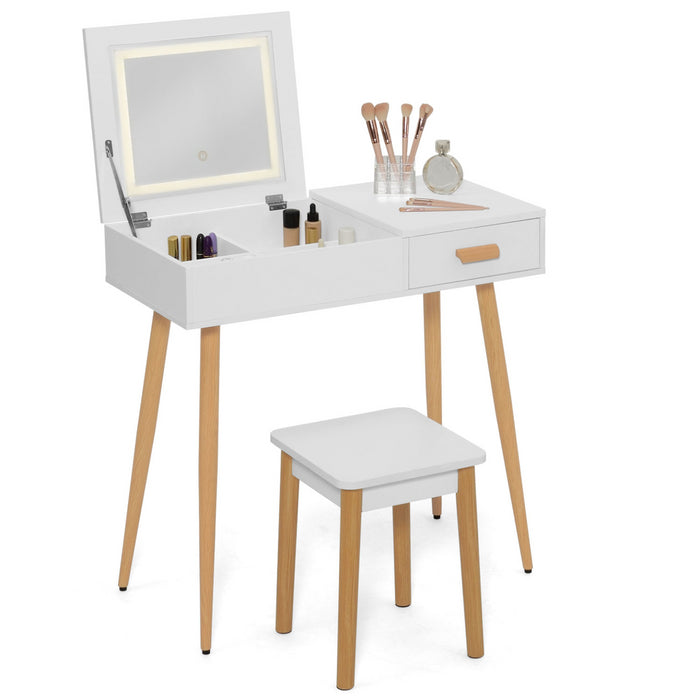 IDMarket - LISA Mobiletto scandinavo bianco con specchio LED pieghevole e sgabello