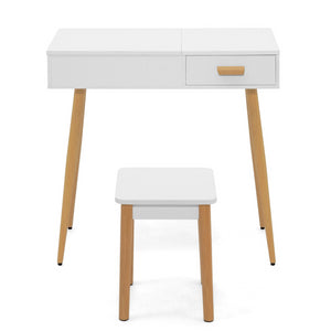IDMarket - LISA Mobiletto scandinavo bianco con specchio LED pieghevole e sgabello