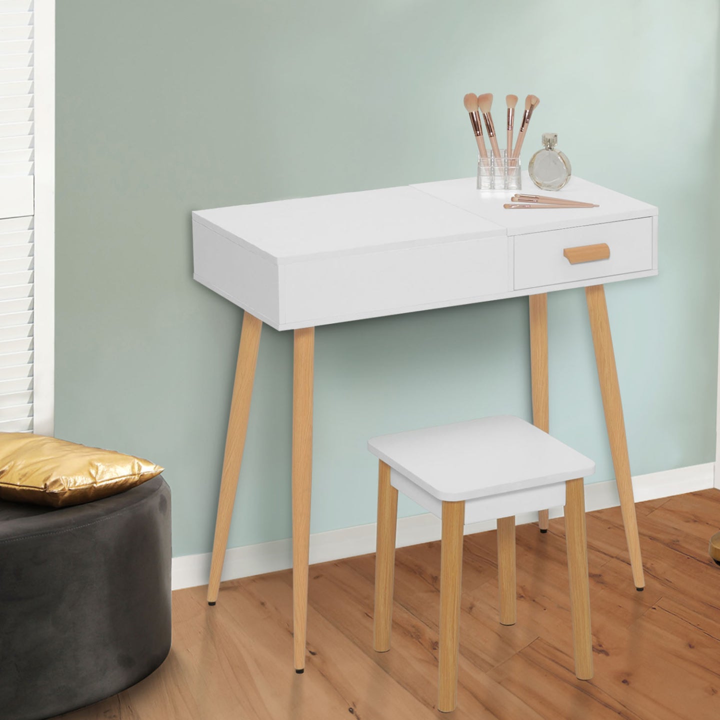 IDMarket - LISA Mobiletto scandinavo bianco con specchio LED pieghevole e sgabello