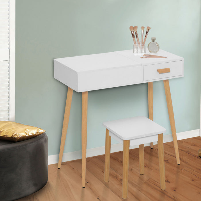 IDMarket - LISA Mobiletto scandinavo bianco con specchio LED pieghevole e sgabello