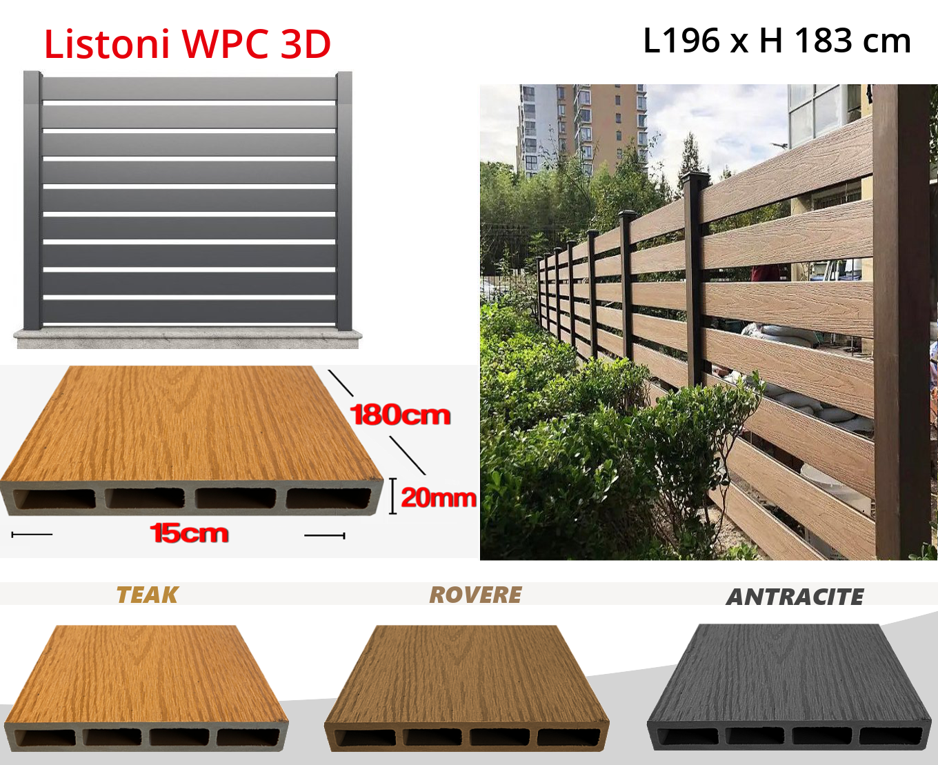Listoni WPC 3D L196xH183cm per recinzione colore Rovere listone 150x1805mm spessore 20mm