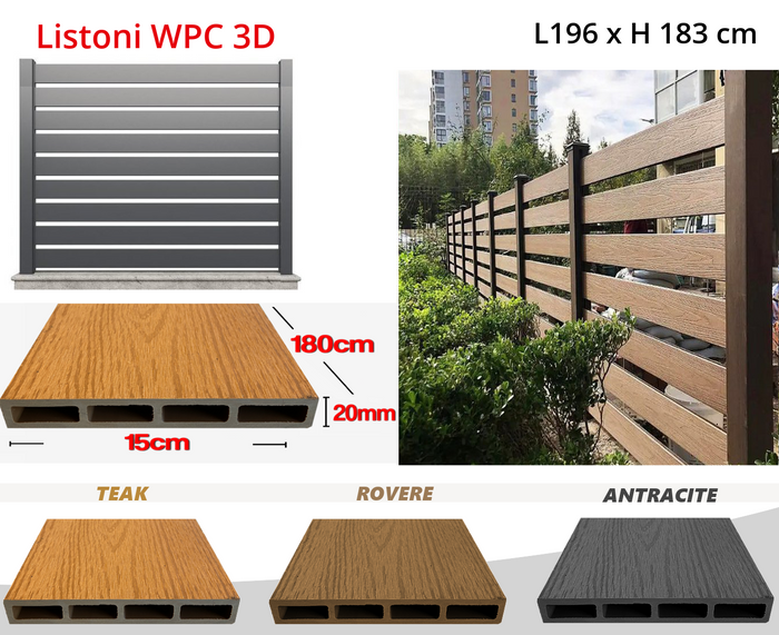 Listoni WPC 3D L196xH183cm per recinzione colore Rovere listone 150x1805mm spessore 20mm