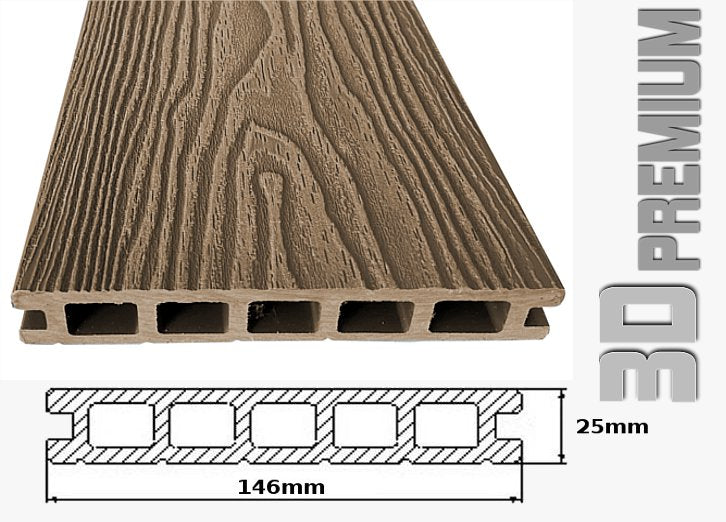 Listone WPC 3D 40m² per pavimentazione decking colore Chocolate effetto legno listone 146x2200mm spessore 25mm
