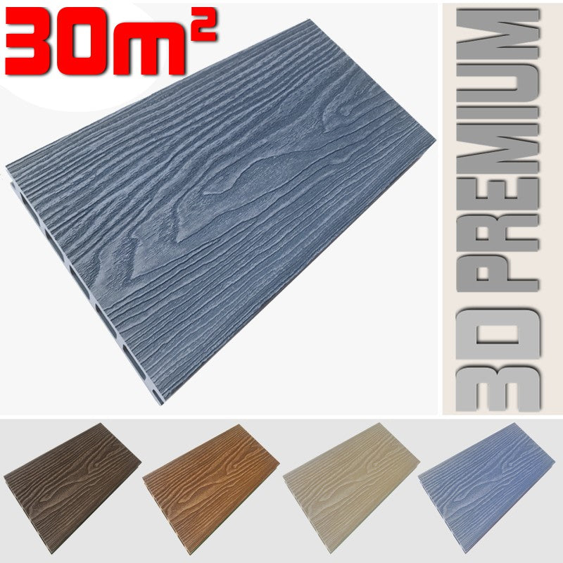Listone WPC 3D 30m² per pavimentazione decking colore Smoky Grey effetto legno listone 146x2200mm spessore 25mm