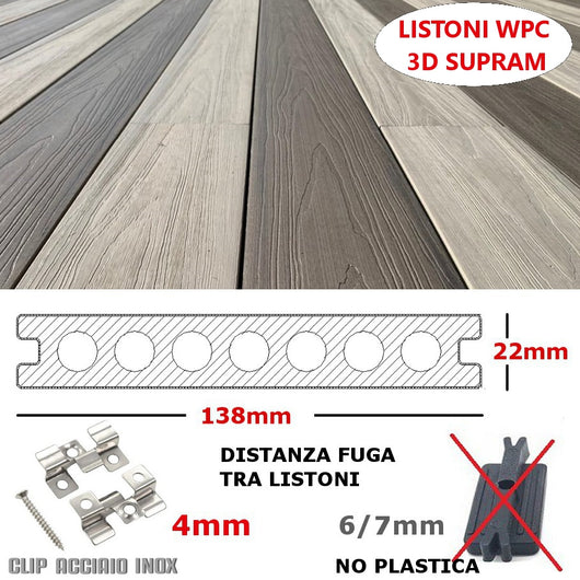 Listone WPC 3D SUPRAM HD 30m² co-estruso per pavimentazione decking colore Teak effetto legno 138x2200mm spessore 22mm