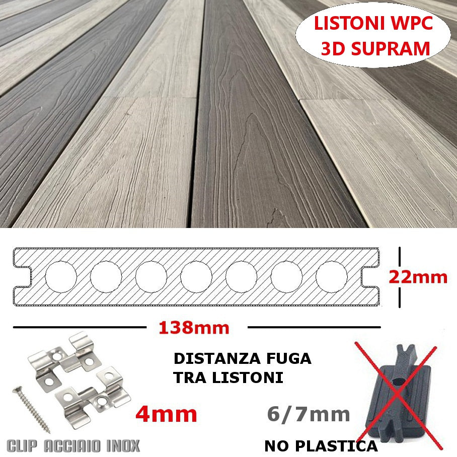 Listone WPC 3D SUPRAM HD 30m² co-estruso per pavimentazione decking colore Grigio effetto legno 138x2200mm spessore 22mm