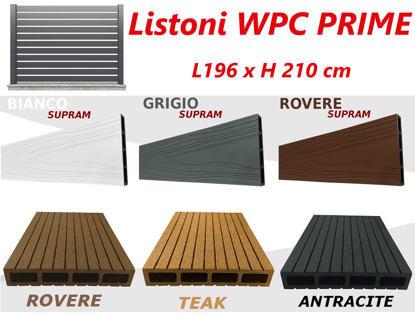 Listoni WPC PRIME L196xH183cm per recinzione colore Rovere listone 105x1805mm spessore 20mm