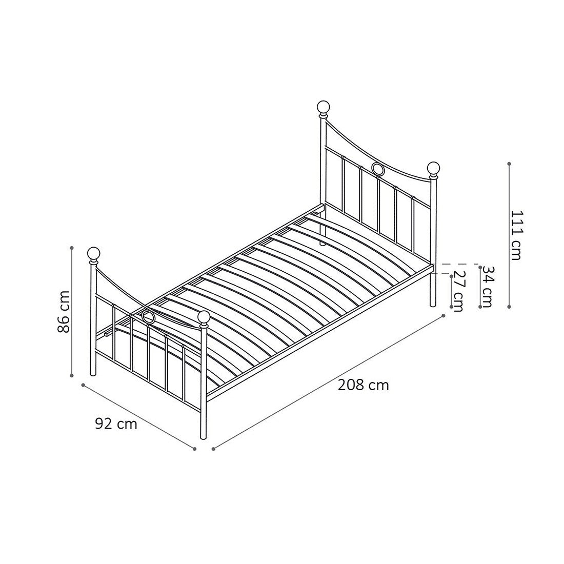 Letto singolo in metallo bianco 90x200 SENCHA stile contemporaneo.