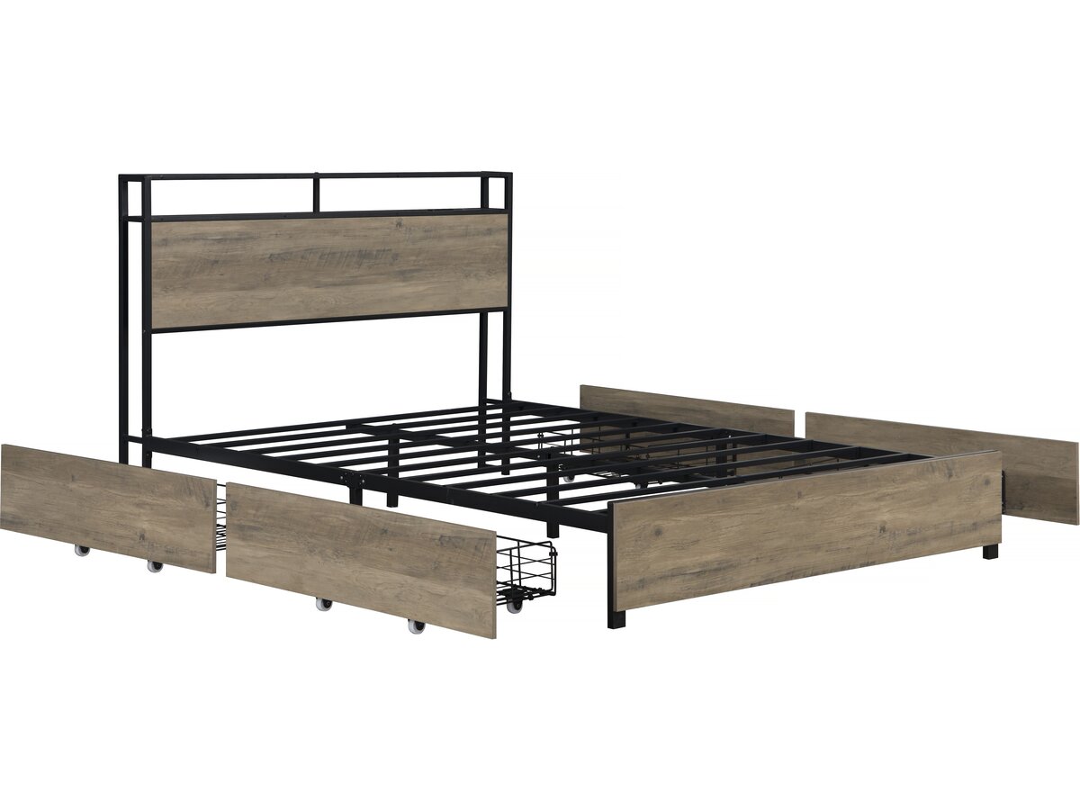 Letto matrimoniale in metallo a LED con presa e cassetti "Léa" - 140 x 190 cm - Marrone