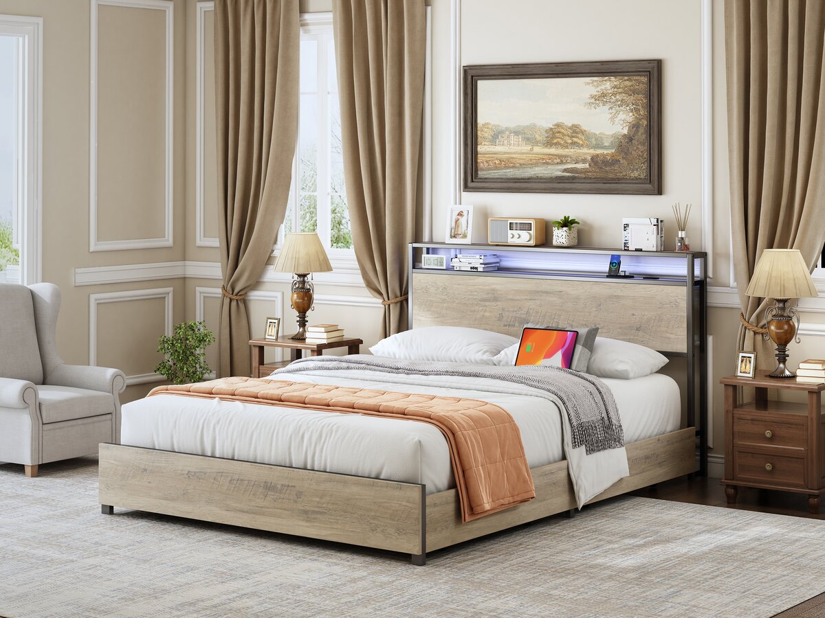 Letto matrimoniale in metallo a LED con presa e cassetti "Léa" - 140 x 190 cm - Marrone