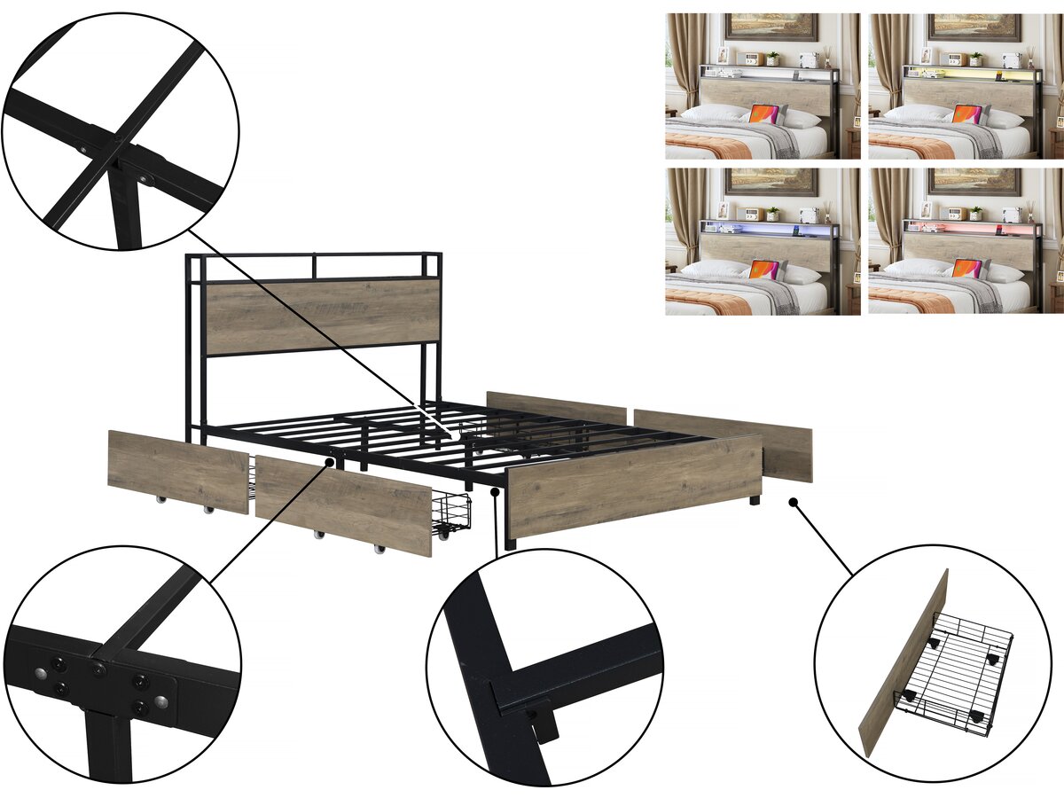 Letto matrimoniale in metallo a LED con presa e cassetti "Léa" - 140 x 190 cm - Marrone