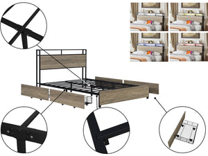 Letto matrimoniale in metallo a LED con presa e cassetti "Léa" - 140 x 190 cm - Marrone