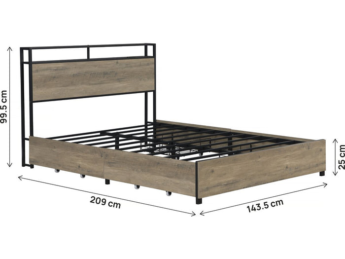Letto matrimoniale in metallo a LED con presa e cassetti "Léa" - 140 x 190 cm - Marrone