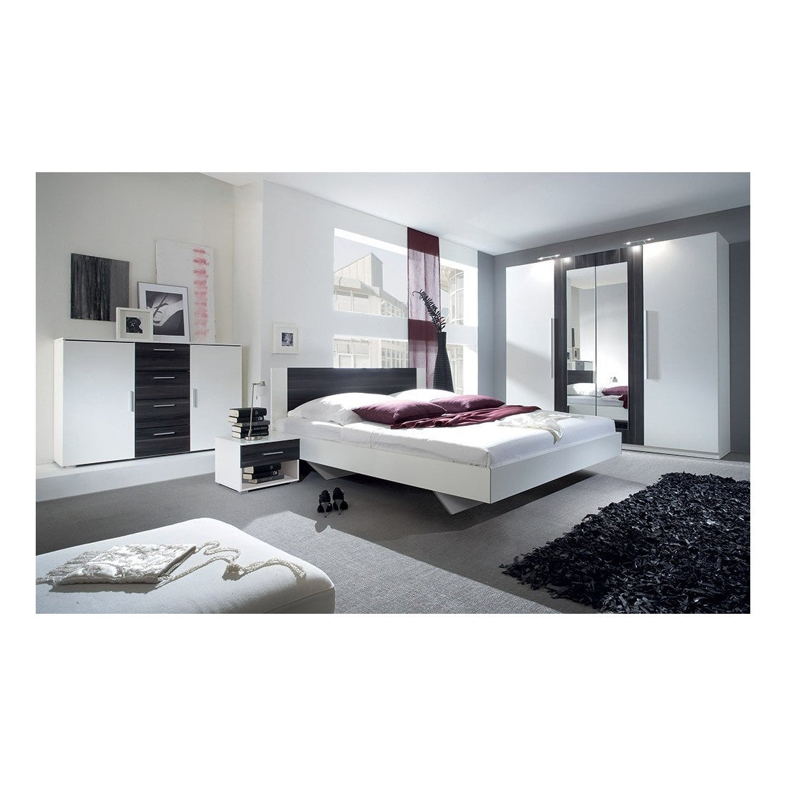 Letto adulto 180x200 collezione IRINA. Comodini integrati. Colori bianco e grigio antracite.