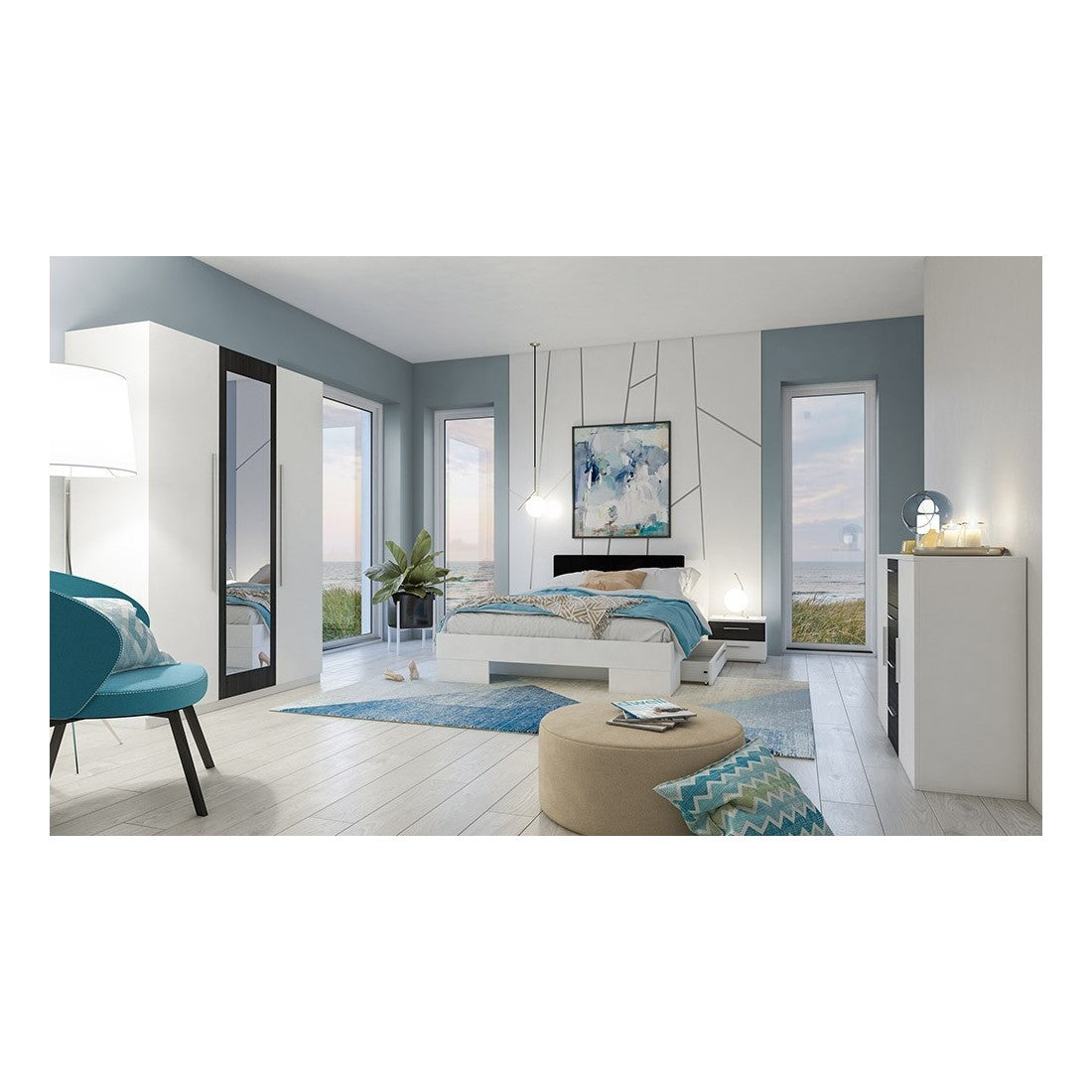 Letto adulto 180x200 collezione IRINA. Comodini integrati. Colori bianco e grigio antracite.