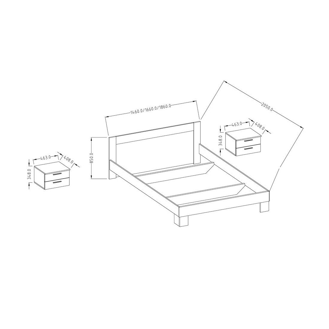 Letto matrimoniale 180x200 collezione IRINA. Comodini integrati. Colori grigio chiaro e grigio scuro.