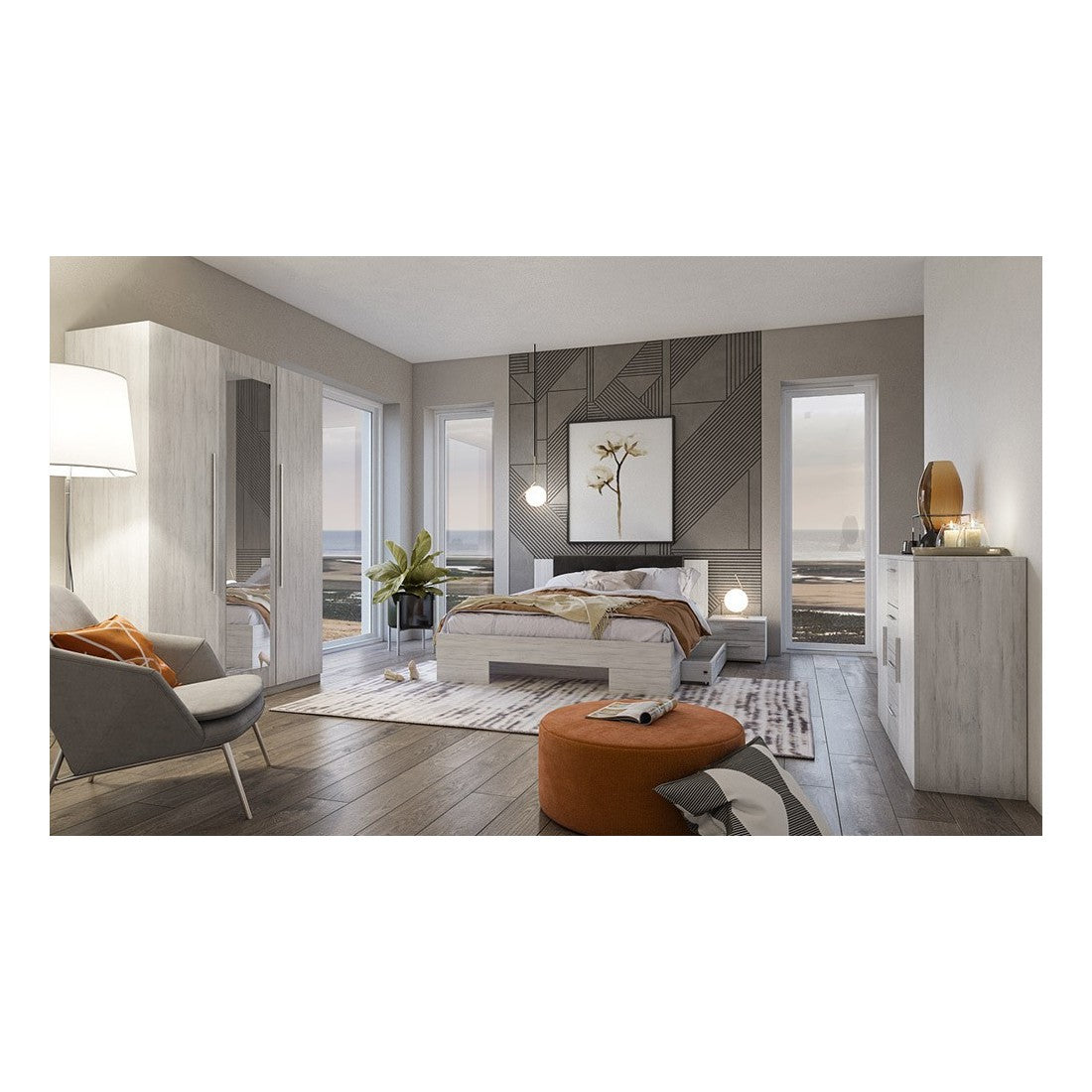 Letto matrimoniale 180x200 collezione IRINA. Comodini integrati. Colori grigio chiaro e grigio scuro.