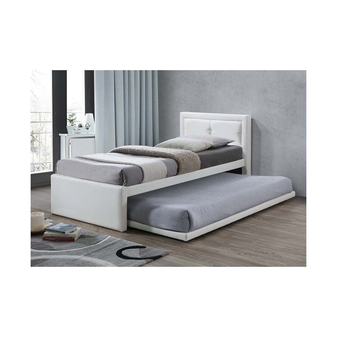 Letto con letto estraibile RODAN – 90x200 cm – Similpelle bianca – Rete inclusa – Stile moderno