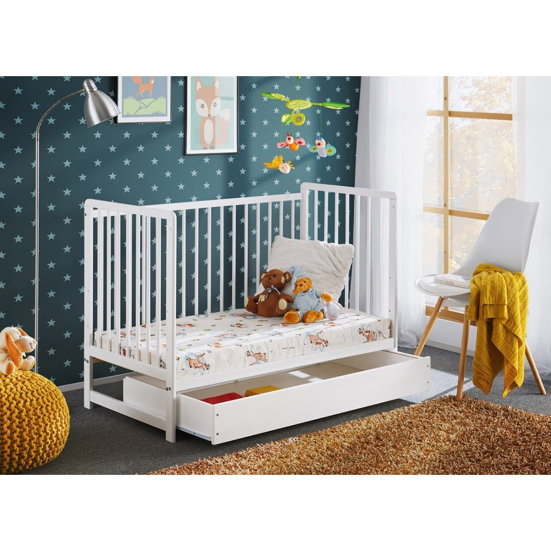 Lettino evolutivo per bambini con cassetto e materasso della collezione LUTIN, regolabile in altezza. Colore bianco opaco.