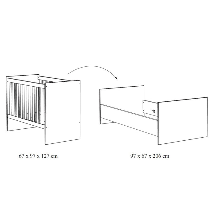 Lettino robusto 60x120 trasformabile in letto per bambini 90x200, colore rovere chiaro, collezione DANAÉ.