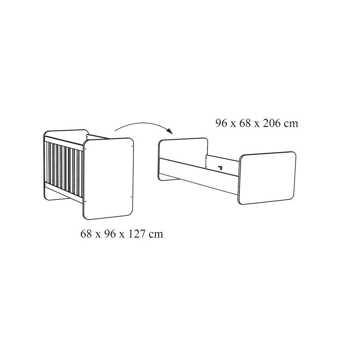 Lettino per bambini robusto 60x120 trasformabile in letto per bambini 90x200 colore rovere chiaro collezione DANY