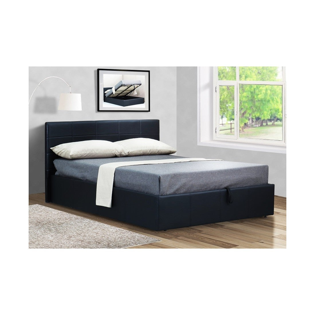 Letto contenitore con rete a doghe CANEL 140x200 in similpelle, colore nero