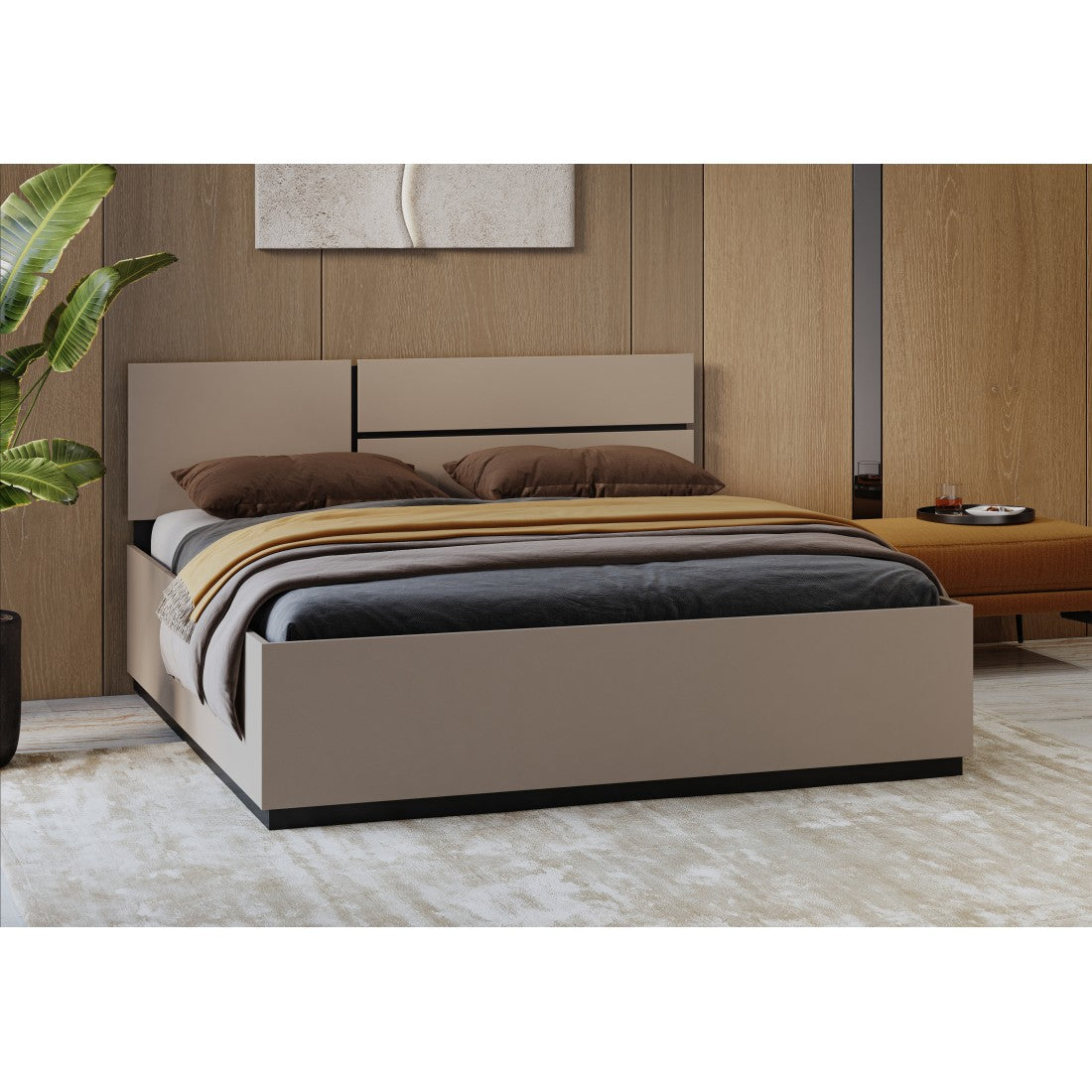 Letto HAVANA 160x200 cm beige e nero con contenitore – Eleganza contemporanea e spazio di archiviazione integrato