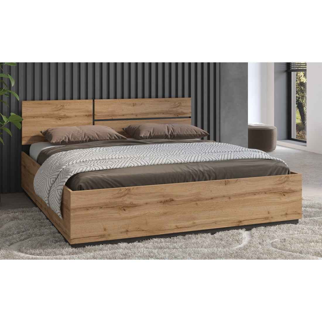 Letto HAVANA 180x200 cm in quercia e nero con contenitore – Letto matrimoniale moderno con storage integrato