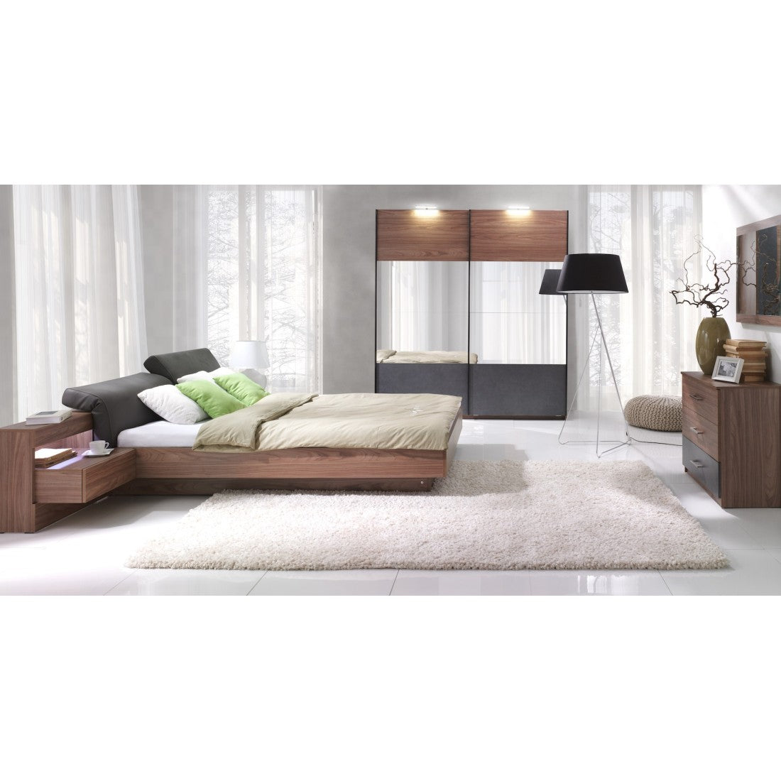 Letto contenitore RENATO 160x200 con doghe e comodini con LED colore noce