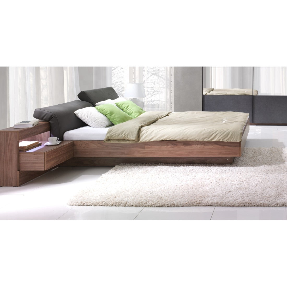 Letto contenitore RENATO 160x200 con doghe e comodini con LED colore noce