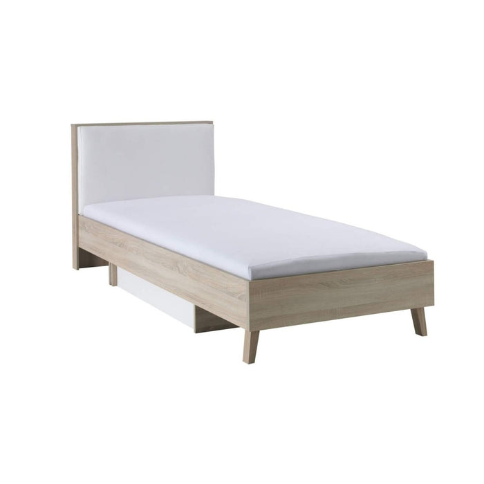 Letto per bambini 90x200 con cassetto portaoggetti MALMO - Colori rovere chiaro e bianco