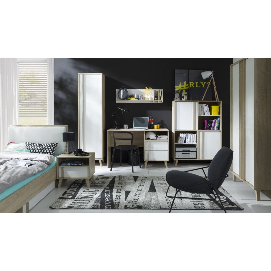 Letto per bambini 90x200 con cassetto portaoggetti MALMO - Colori rovere chiaro e bianco