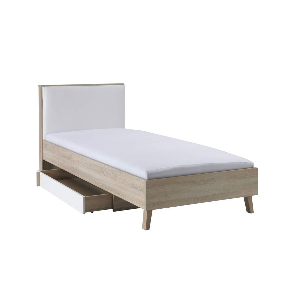 Letto per bambini 90x200 con cassetto portaoggetti MALMO - Colori rovere chiaro e bianco