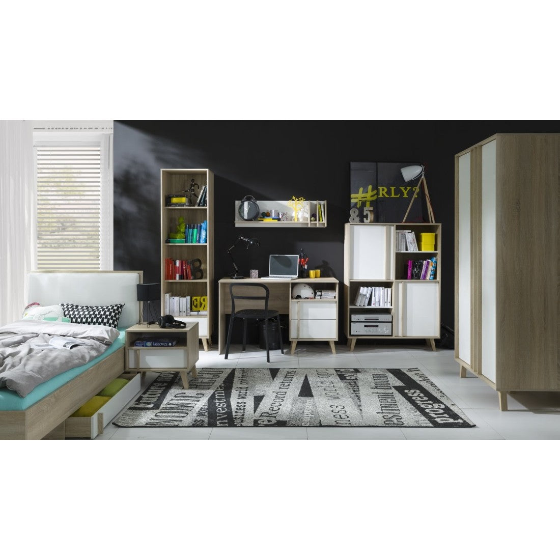 Letto per bambini 90x200 con cassetto portaoggetti MALMO - Colori rovere chiaro e bianco