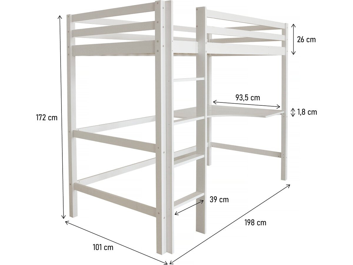Letto per bambini a soppalco con scrivania "Angéla" 90 x 190 cm - Bianco
