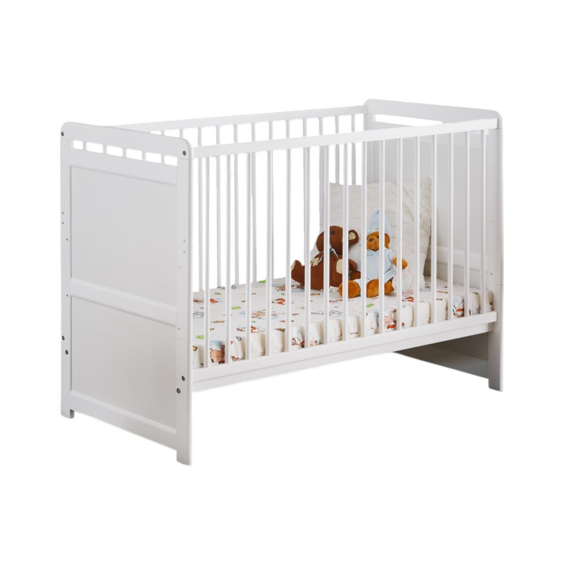 Lettino e materasso per bambini della collezione GUIZMO, regolabile in altezza. Colore bianco opaco.