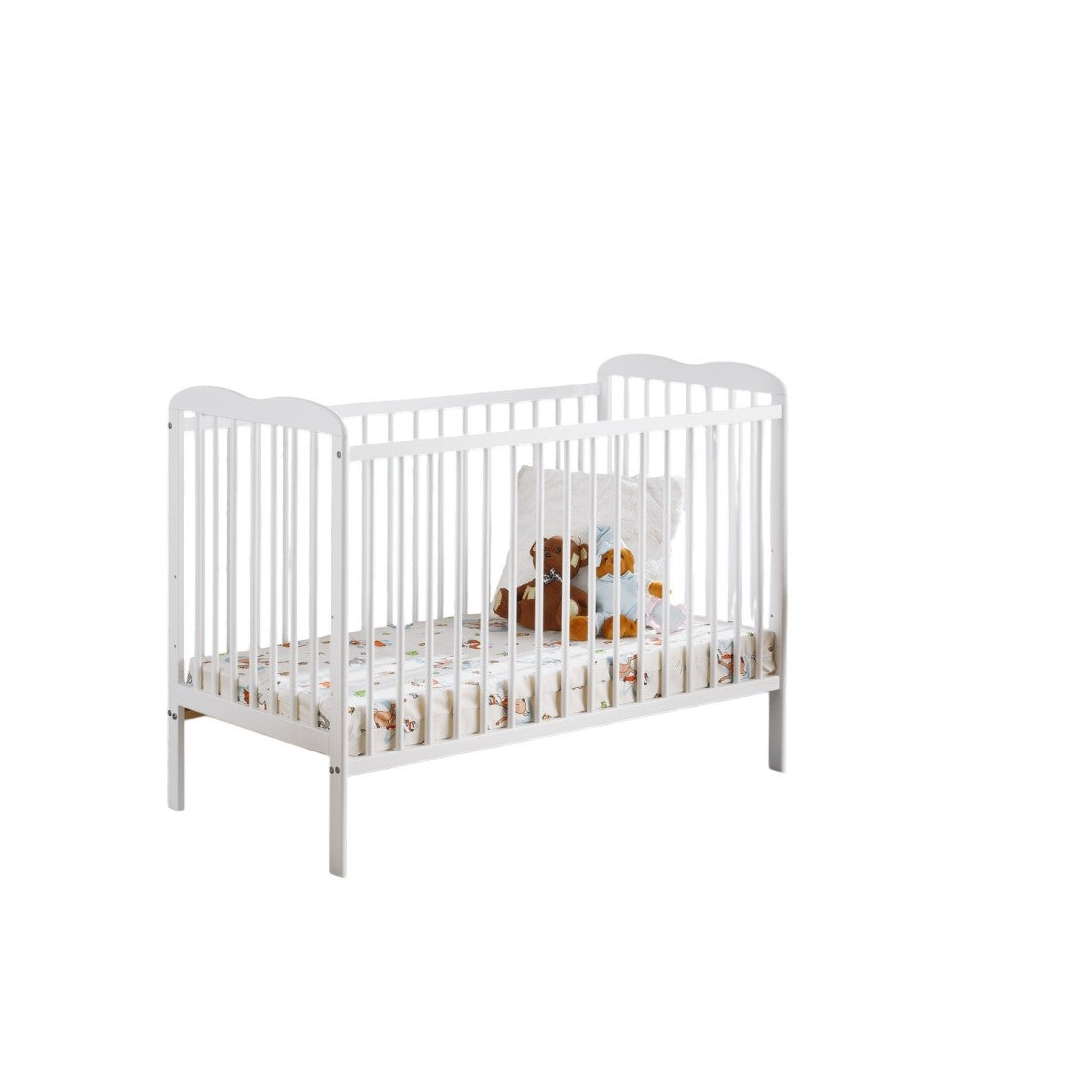 Lettino e materasso per bambini evolutivo, collezione NOE, regolabile in altezza. Colore bianco opaco.