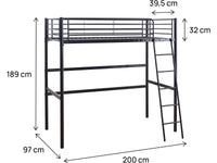 Letto a soppalco in metallo "Alora" - 90 x 190 cm - Nero