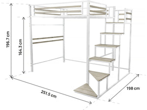 Letto a soppalco in metallo con scala "LENA" - 140 x 200 cm - Bianco