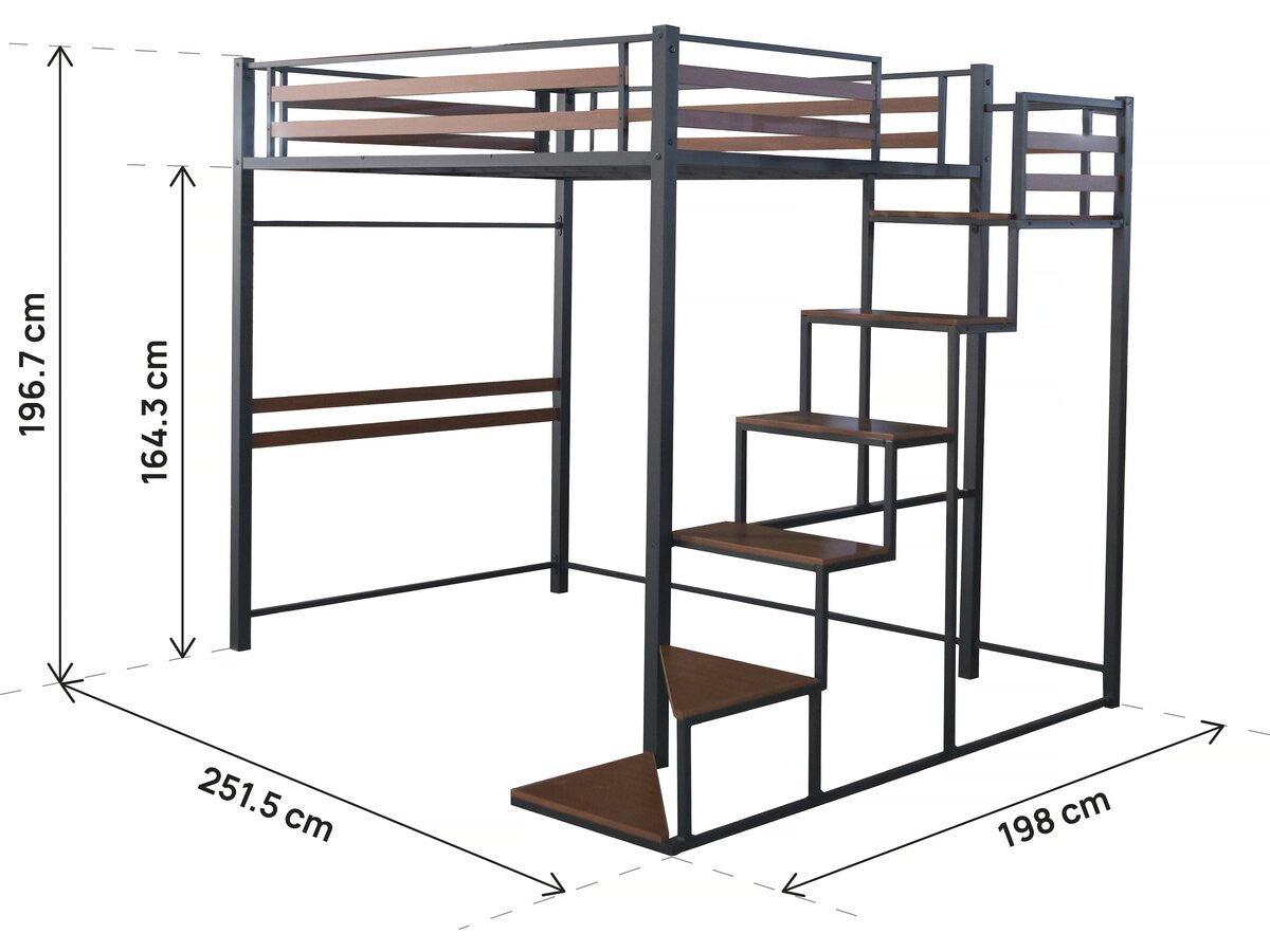 Letto a soppalco in metallo con scala "LENA" - 140 x 200 cm - Nero e marrone noce