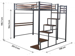 Letto a soppalco in metallo con scala "LENA" - 140 x 200 cm - Nero e marrone noce