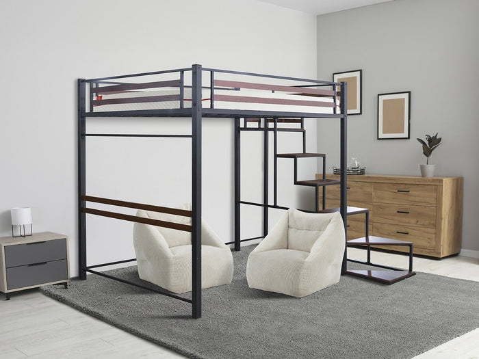 Letto a soppalco in metallo con scala "LENA" - 140 x 200 cm - Nero e marrone noce