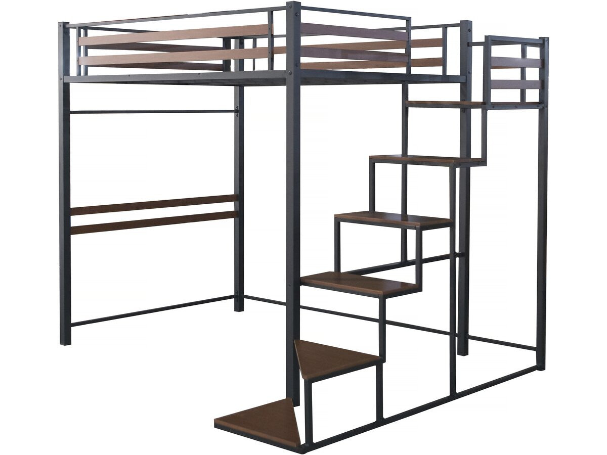Letto a soppalco in metallo con scala "LENA" - 140 x 200 cm - Nero e marrone noce